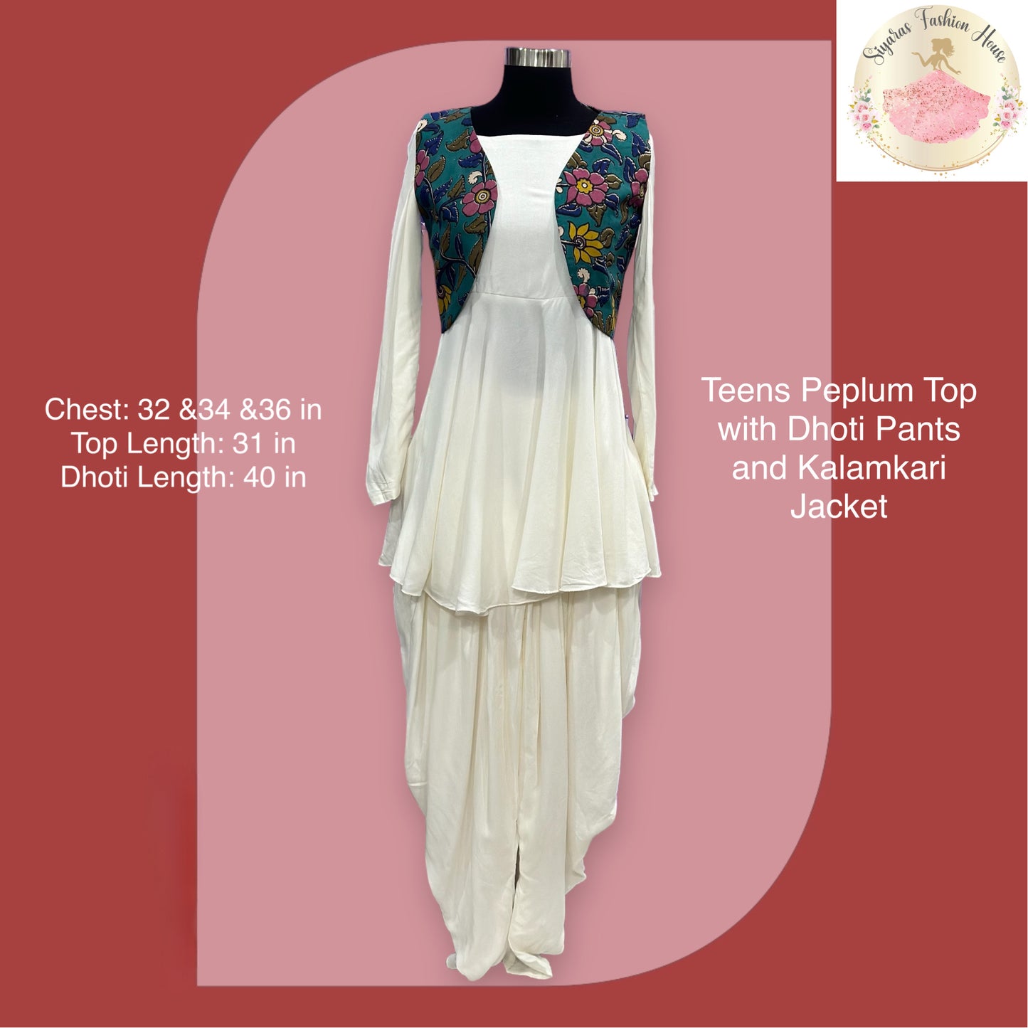 Pretty white   Dhoti  Style Dress with peplum top and Kalamkari Jacket