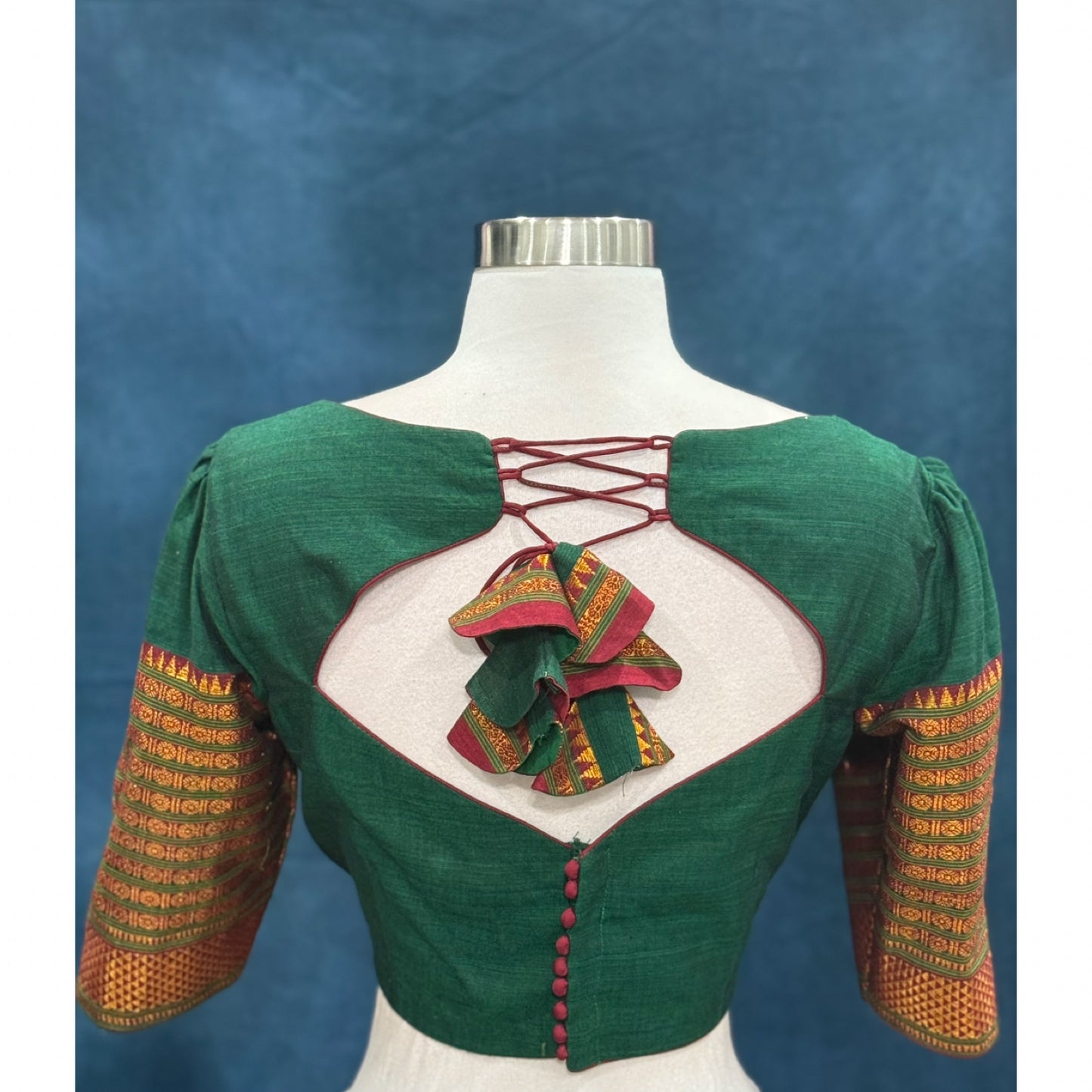 Traditional customized narayanpet cotton half saree , langa voni greed and red color combo size 38 to 42