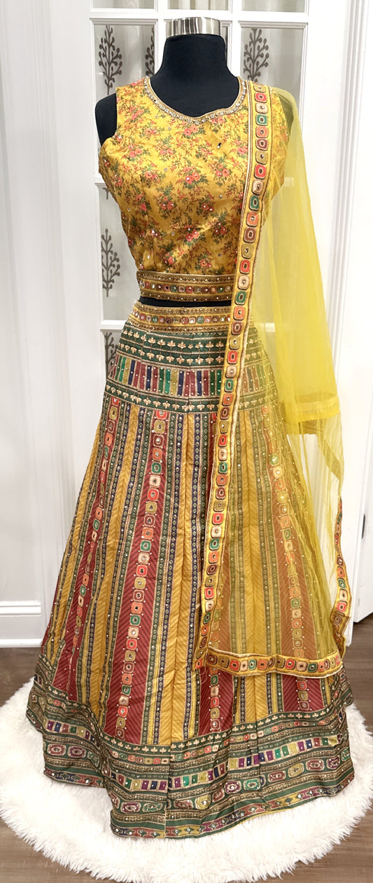 Elegant Light weight Haldi silk lehanga outfit with net dupatta mirror work ready to ship budget friendly size 42