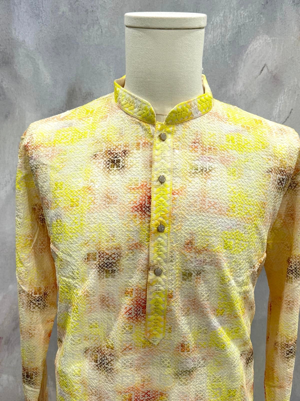 Beautiful Mens yellow Chikankari Kurta with water sequin. Perfect for Haldi, partywear. Available in size Medium - 38,XXL - 44, 3XL - 46