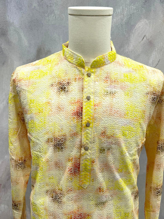 Beautiful Mens yellow Chikankari Kurta with water sequin. Perfect for Haldi, partywear. Available in size Medium - 38,XXL - 44, 3XL - 46
