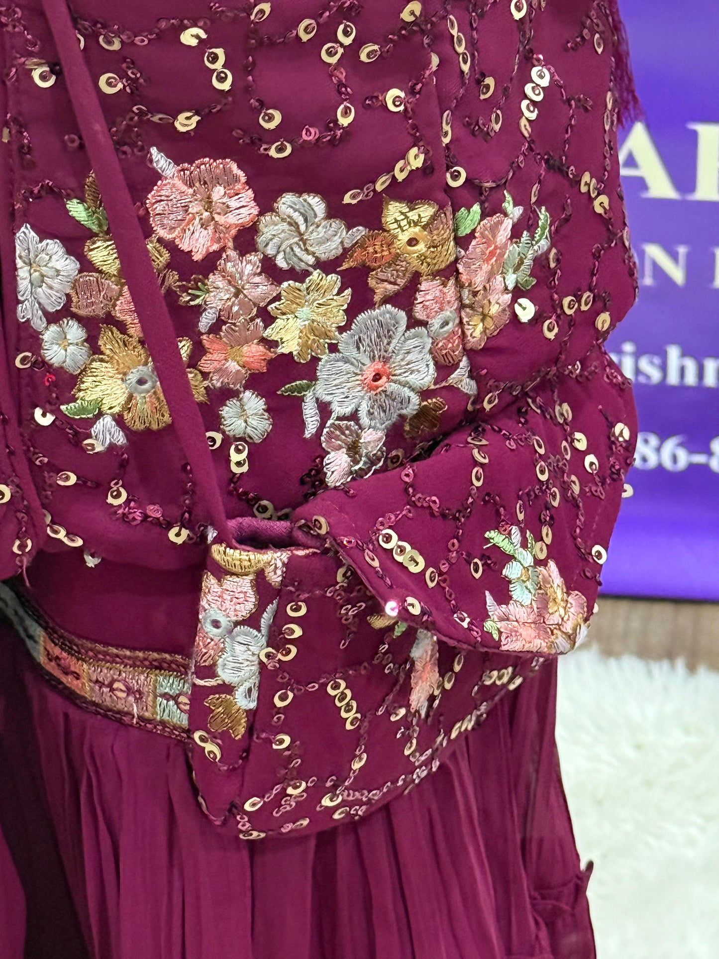 Rich maroon Sharara set with delicate floral sequin embroidery. Stylish long kurta with sequin details  Perfect fit for girls 6 to 8 yrs