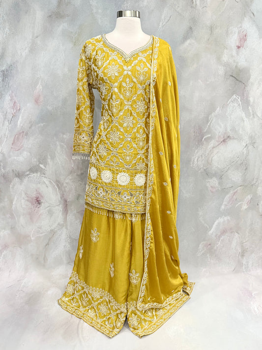 Beautiful yellow Haldi Sharara set with sequence work and bead embellishments size 44 wedding outfit chinon fabric