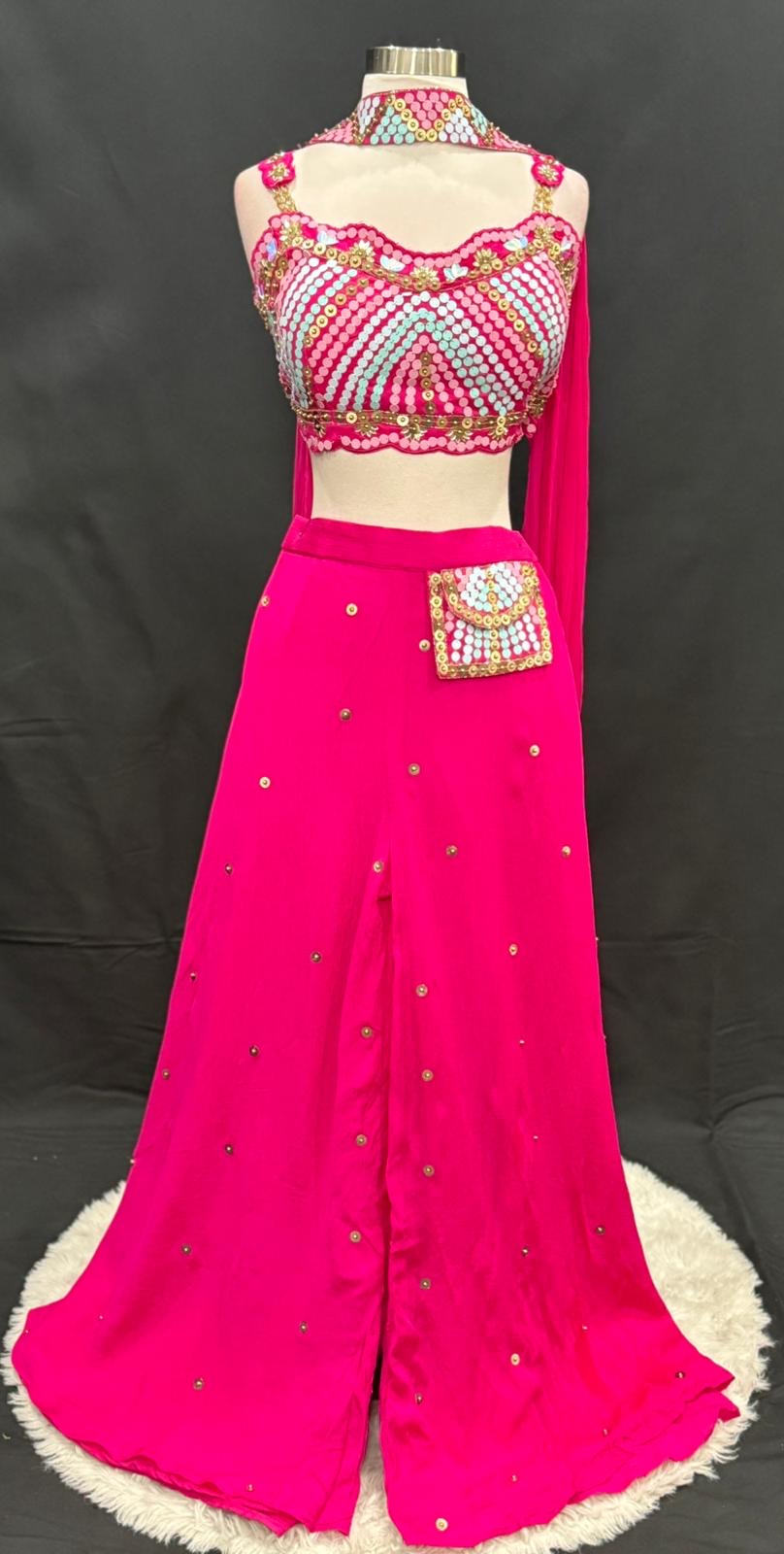 Hot Pink Mirror Work Crop Top Palazzo Set with Potli pocket. Available in size 38