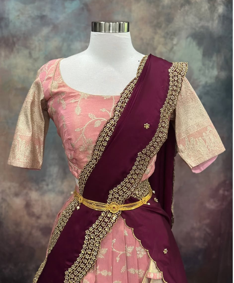 Glamorous vibes in pastel Pink tissue Lehanga. Fits size 38 to 42