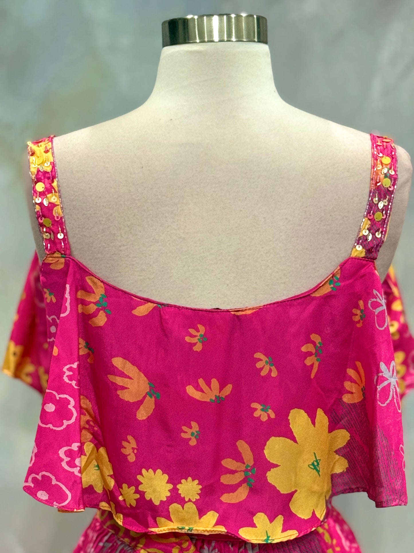 Beautiful Muslin Crop top pink hues with sequence work blouse and crush floral pattern Lehanga size 38