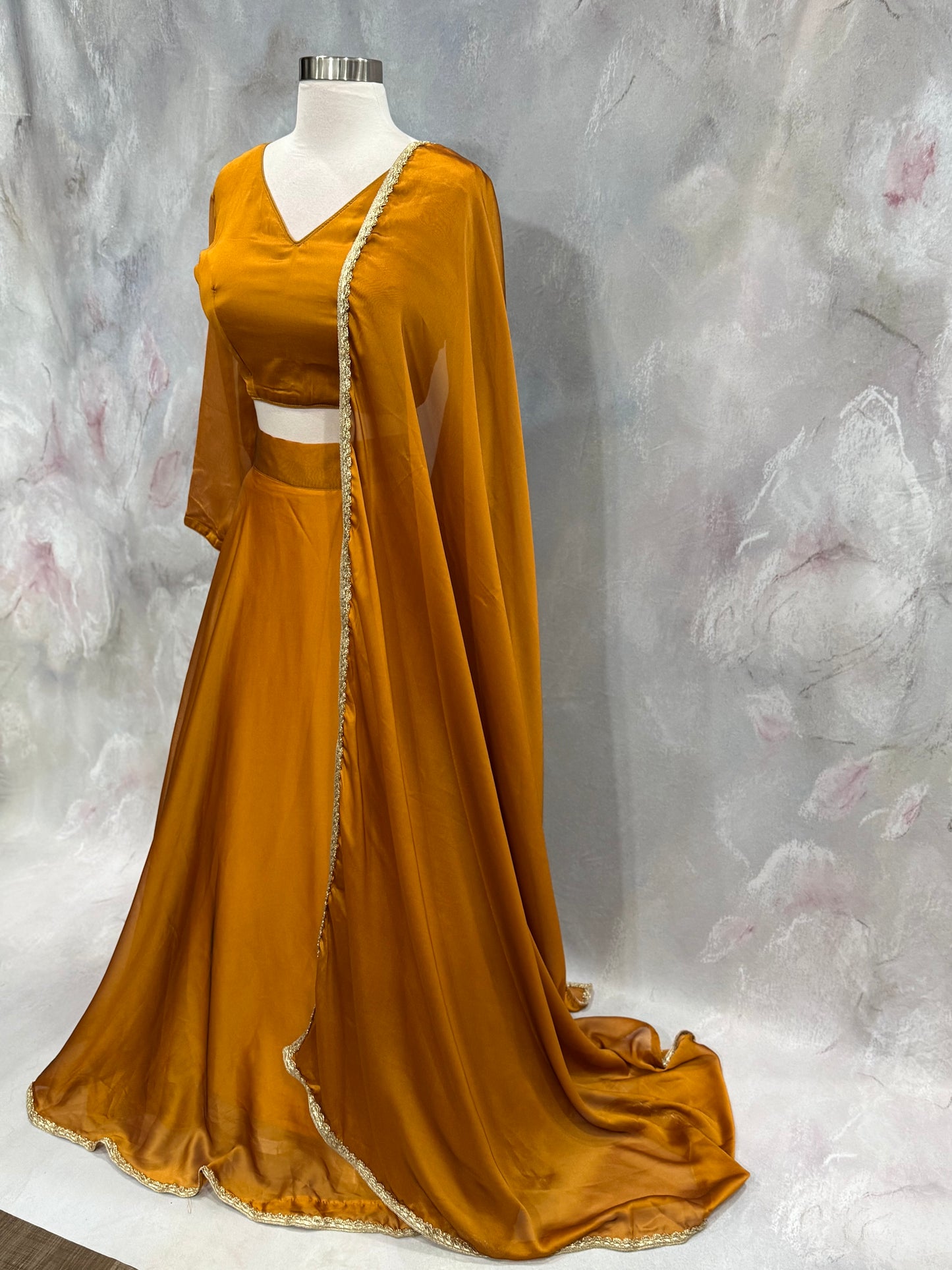 Beautiful mustard yellow Silk lightweiight Lehanga choli with  lace border dupatta  size 38-42 ready to ship