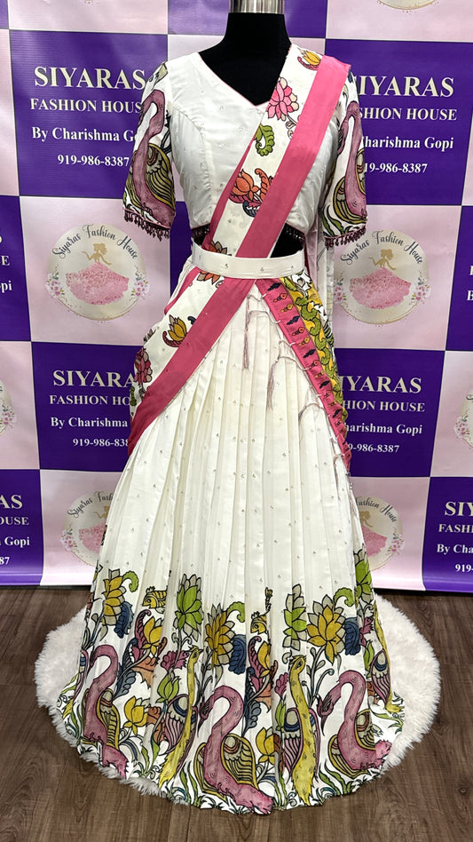 Beautiful  off white Kalamkari half saree Designer blouse with elbow hands with emblishments size 38  PartyWear function dress
