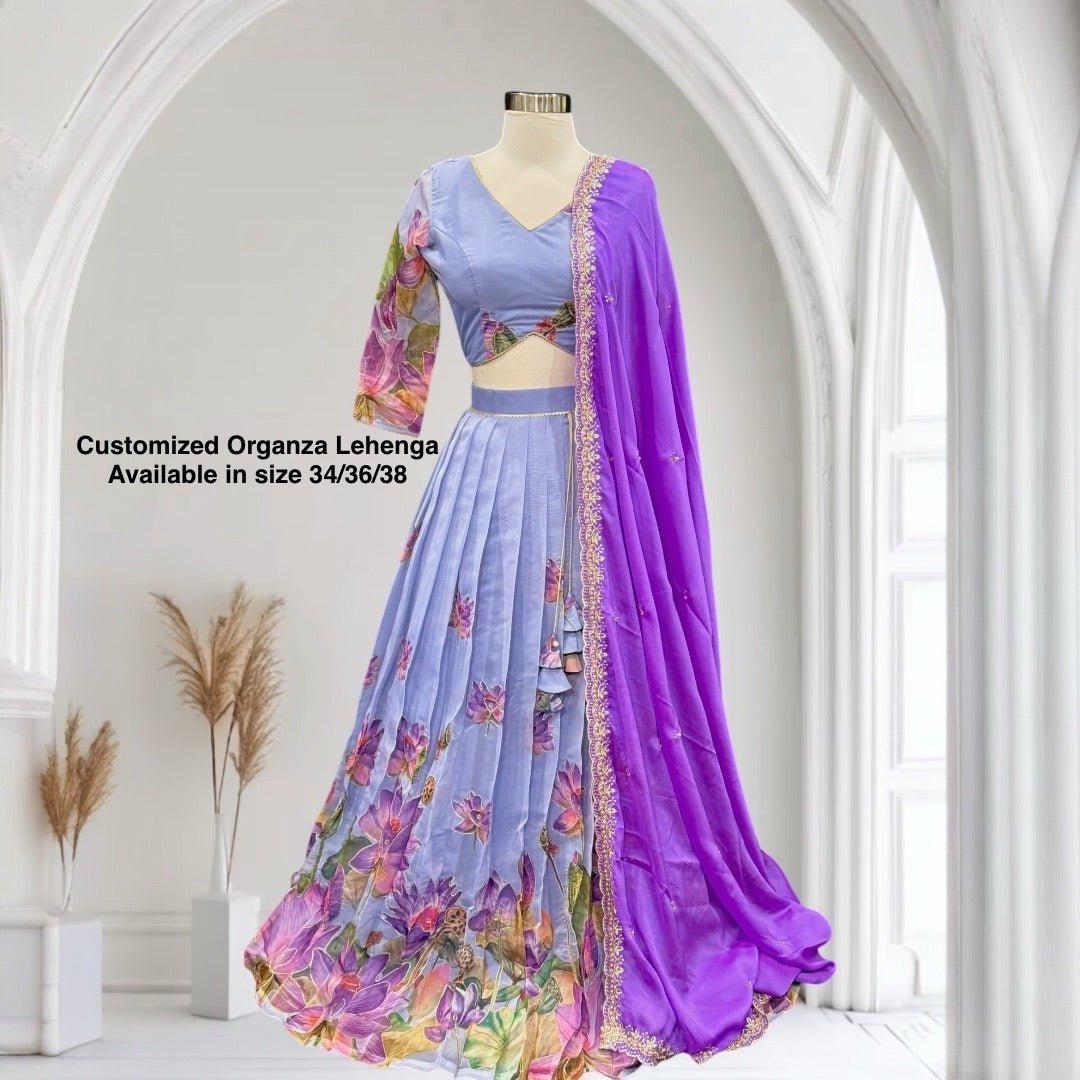 Customized Organza Lehenga / Half Saree in Lavender and purple combo. Available in size 34/36/38.