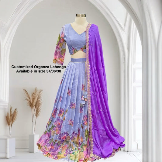 Customized Organza Lehenga / Half Saree in Lavender and purple combo. Available in size 34/36/38.