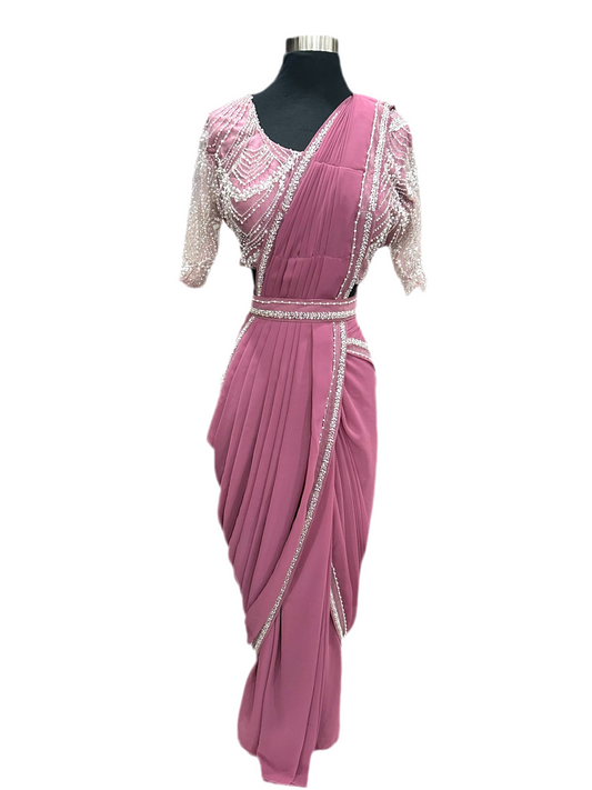 Beautiful IndoWestern party wear  pre drape saree with work. Comes with stitched blouse. Available in size 38