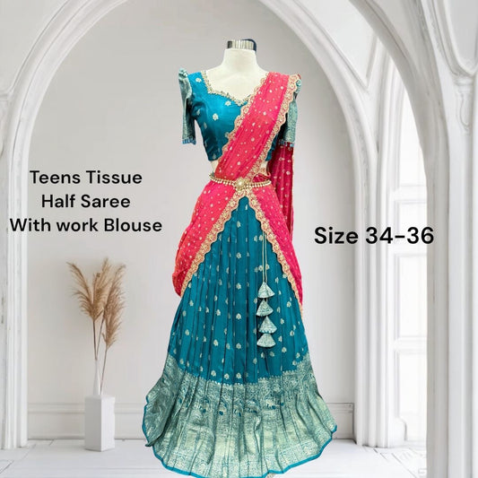 Featuring rich hues of blue & Pink, Iron pleat finished with shimmering borders for a regal festive look 💫👑

Size 34-38
Maggam work front full and back..