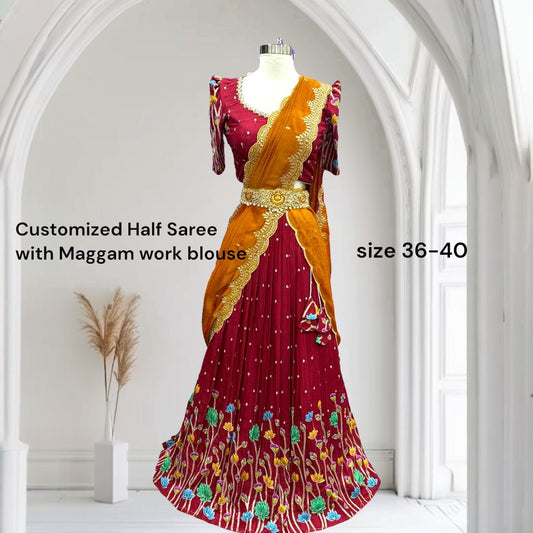 This stunning customized Kalamkari all-over work Half Saree / Langa Voni is crafted to perfection with vibrant sequence  embroidery work and elegant detailing designed Maggam work blouse (Size 36–40)