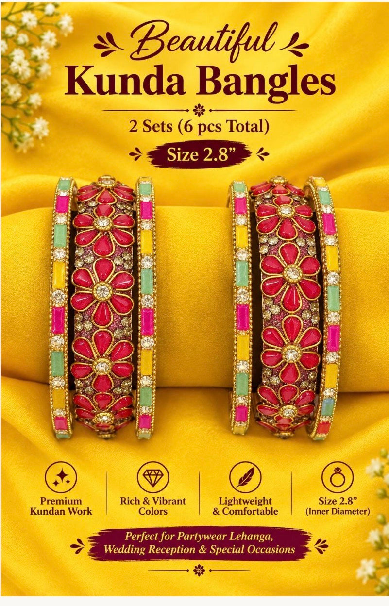 Beautiful  kundan bangles 2 sets (6 pcs total) size 2.8 suitable for Partywear Lehanga/Wedding Reception wear