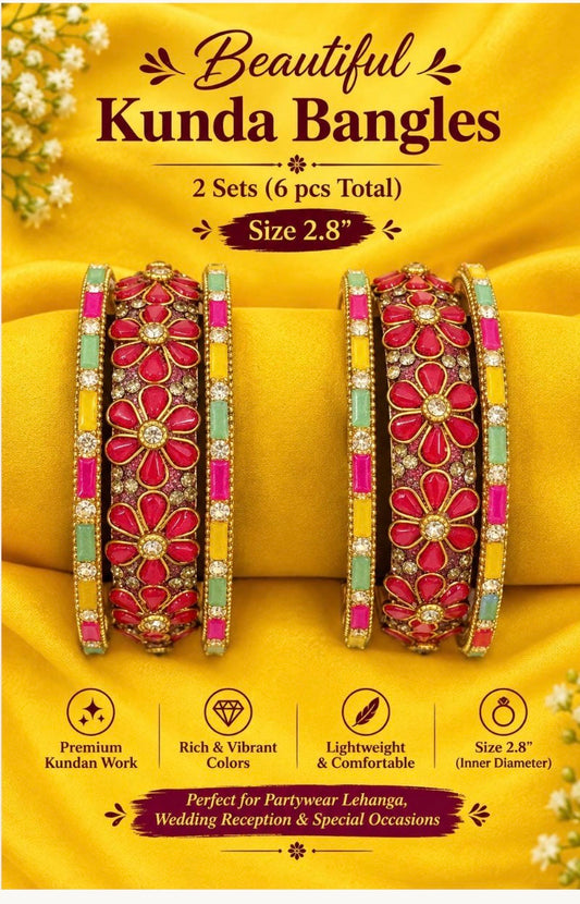 Beautiful  kundan bangles 2 sets (6 pcs total) size 2.8 suitable for Partywear Lehanga/Wedding Reception wear