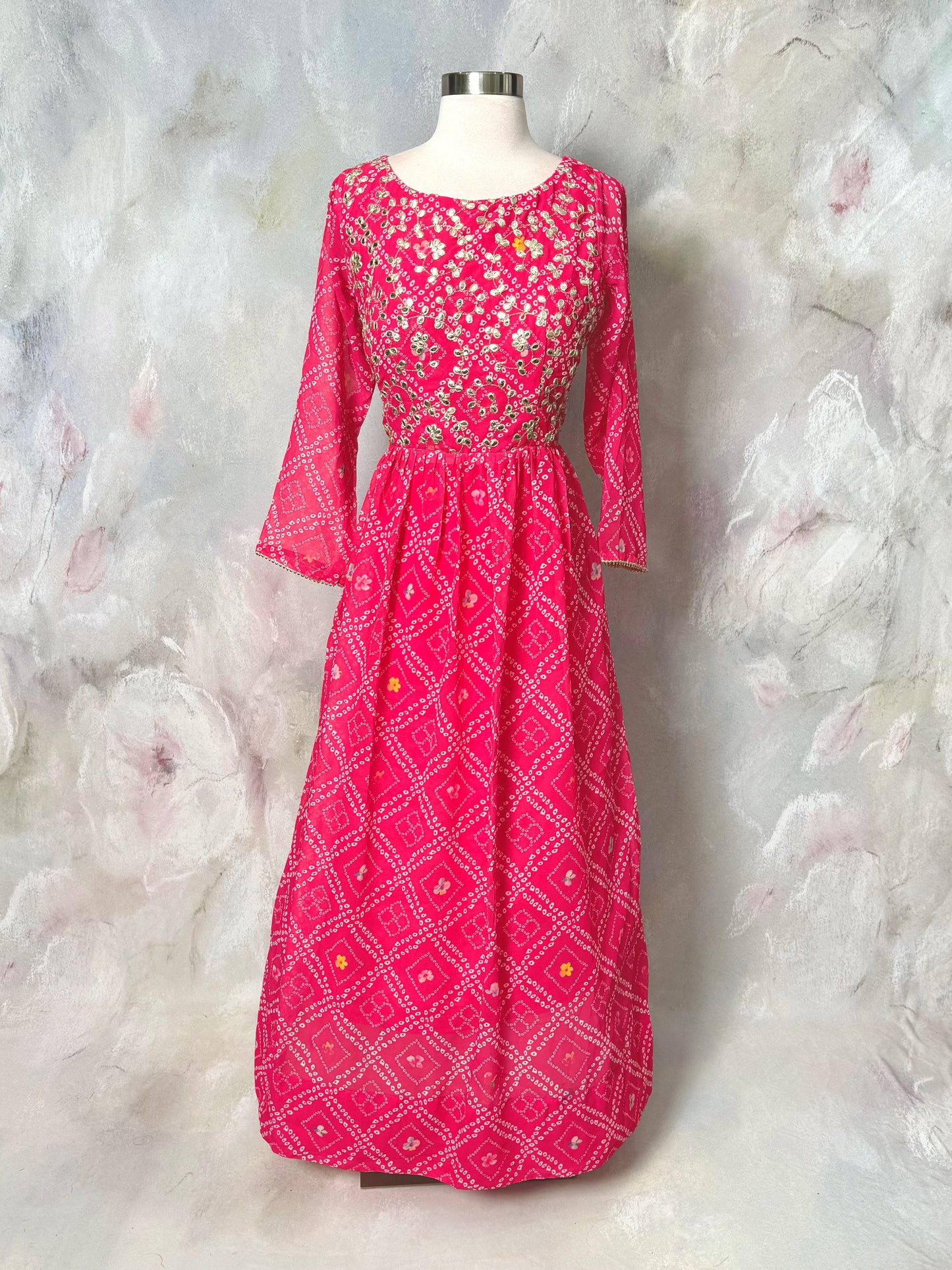 Beautiful pink Bandhini Floor Length Ling gown with Gota Patti work in yoke size 40 ready to ship USA
