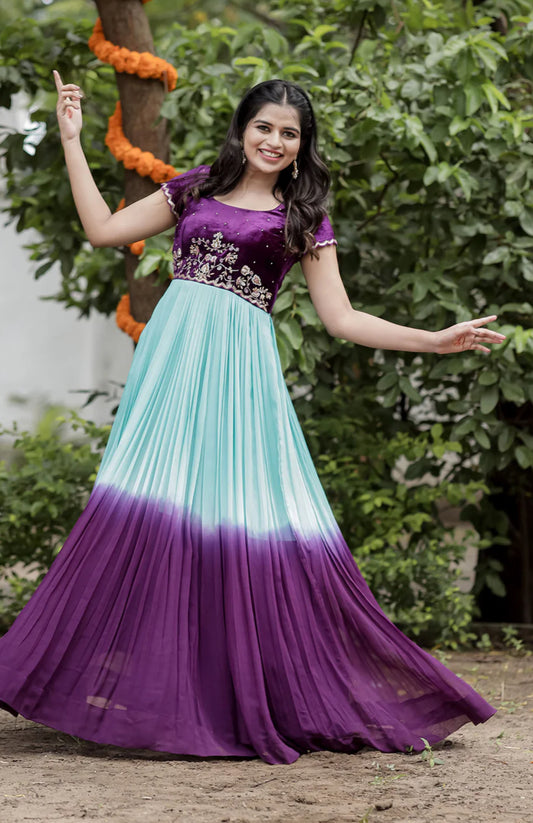 Stunning Anarkali Gown with handwork yoke in velvet and Flowy Dual shade Long gown in Georgette fabric size XXL