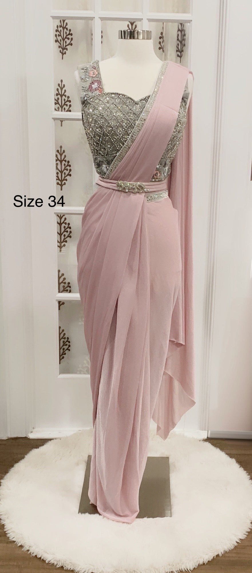 Beautiful One min saree in pink and gray hues sleek waist belt for that smart look size 34-36