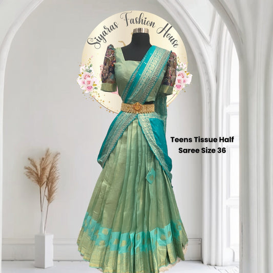 Tissue Half saree in elegant sea green color with vibrant duoatta with work