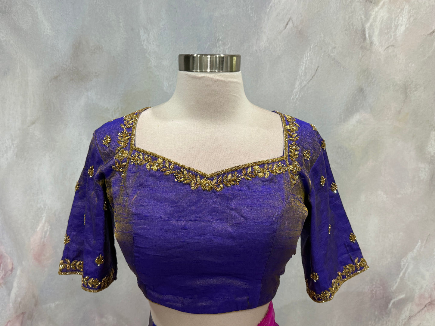 Elegant Kanchi Pattu Lehenga in a stunning royal blue & pink color combination, beautifully enhanced with intricate handcrafted Maggam embroidery. Perfect for weddings, receptions, festivals, and traditional celebrations. Size 38/40