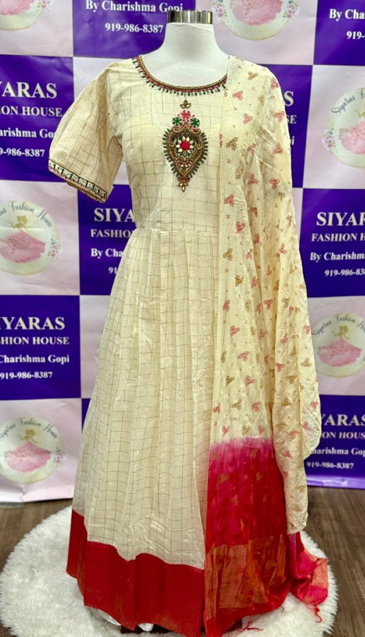 Elegant Festive Cotton Checks off white Long gown hand work in yoke, with dupatta and pant , Partywear Ready to ship USA XXL size 44
