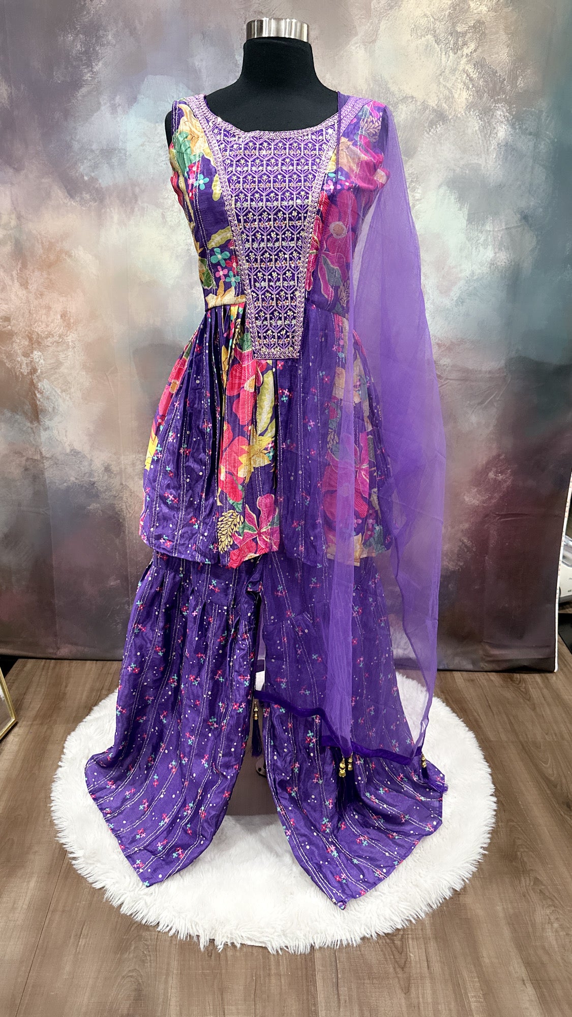 Purple Floral Print Peplum Sharara suit set in Chinon silk size 36/38.