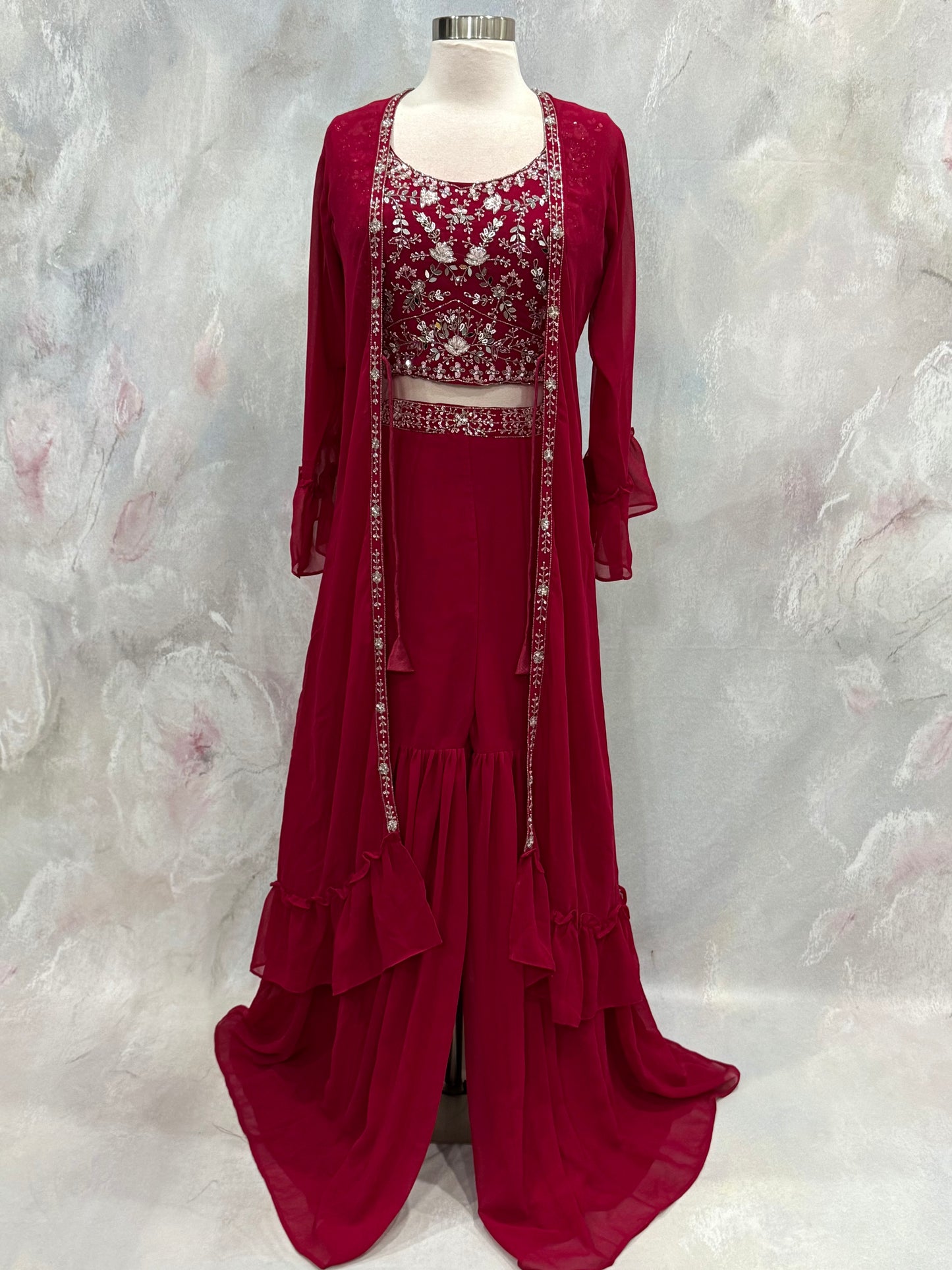 Beautiful party wear Crop top Palazzo set with the jacket. Available size is 36.