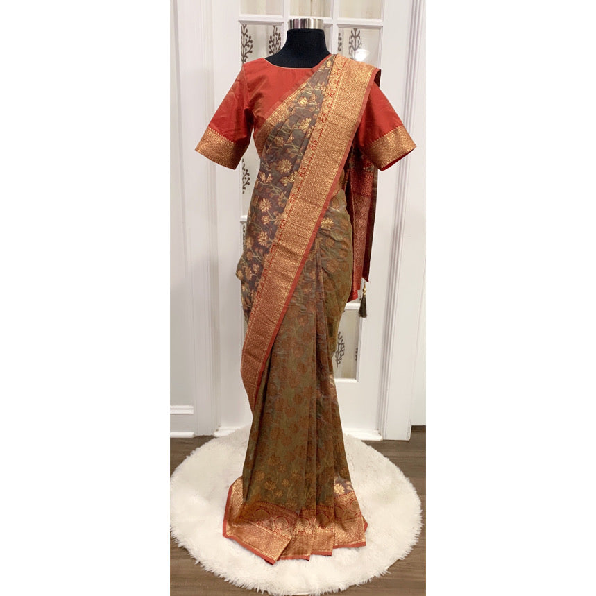 Elegant Rust color banarasi silk saree rich Pallu with stitched blouse