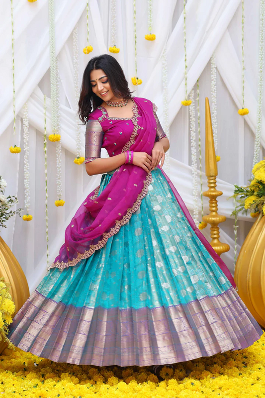 Gorgeous Teens Magenta Pink and Turquoise Half saree in Banarasi silk fabric elegant maggam work blouse Partywear wedding dress Freeship USA