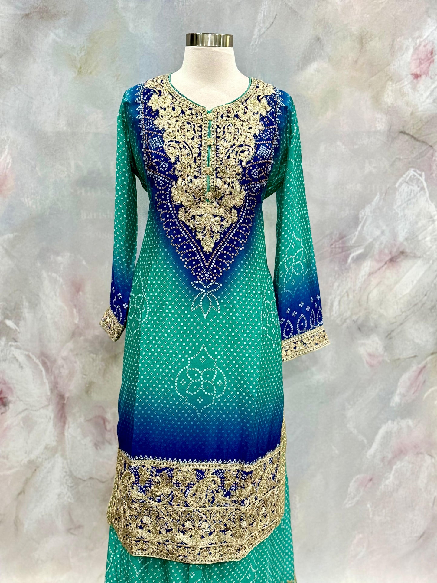 Pure Chinon dual shade light green and blue  Partywear  Palazzo Suit set sequence  Work  (Size 44) ready to ship USA, Wedding, Partywear outfit