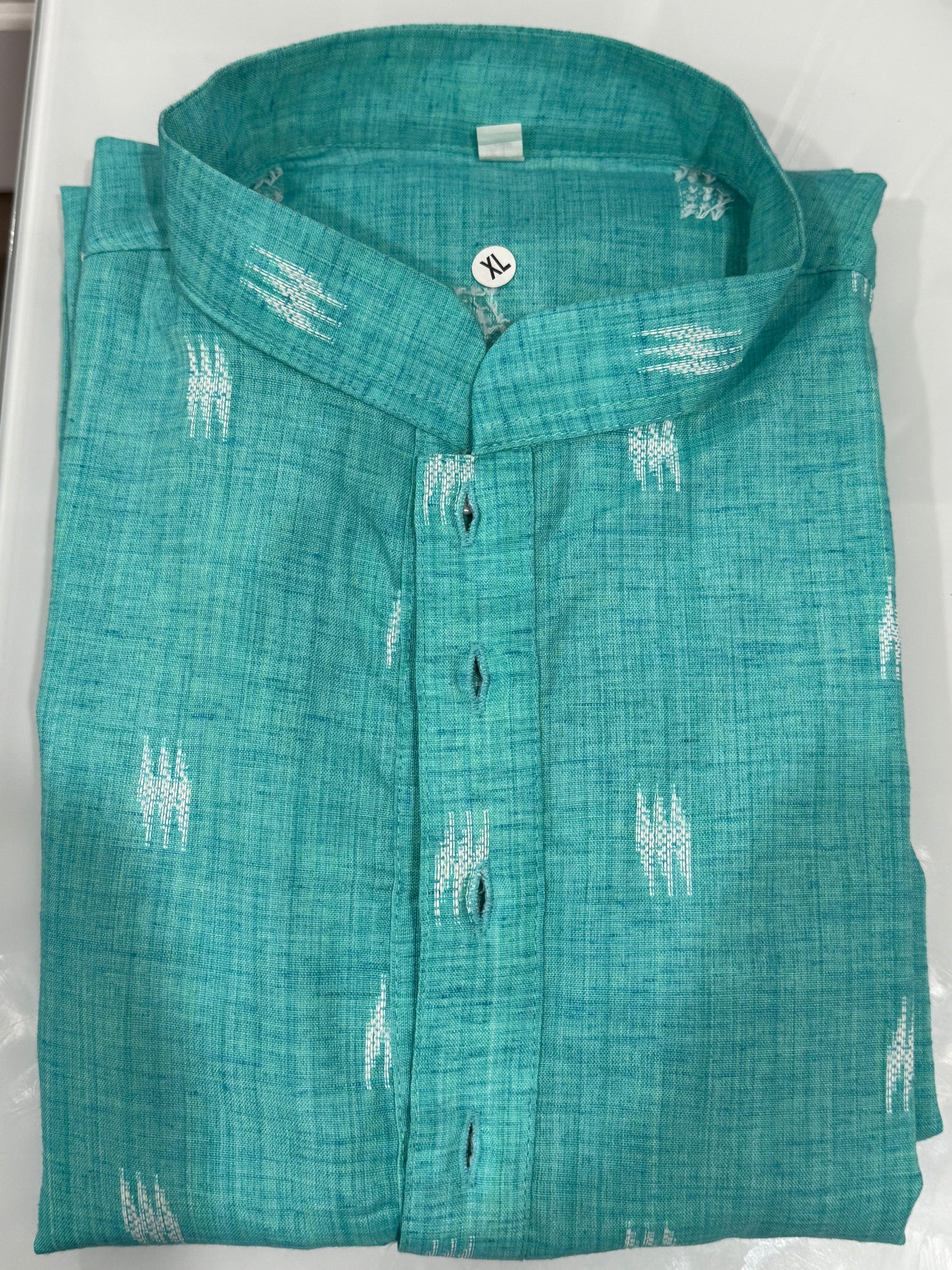 Men’s Turquoise Blue Khadi Cotton Kurta Pyjama Set | Size XL 42 | White Pant Included | Budget-Friendly Partywear | Fast Shipping from USA