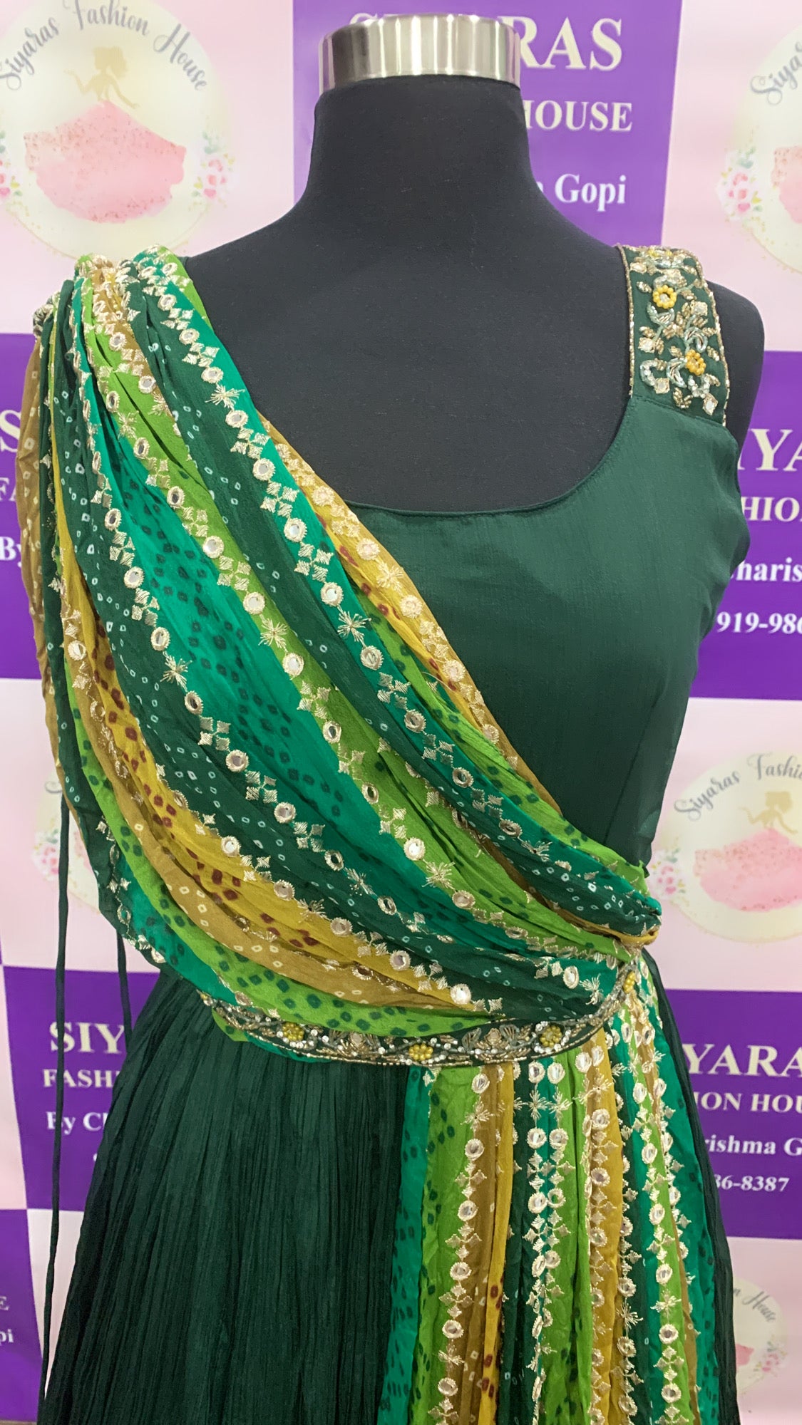 Attractive IndoWestern Green Georgette Gown with attached Bandhini mirror work Dupatta  work on shoulder  and comes with work waist Belt