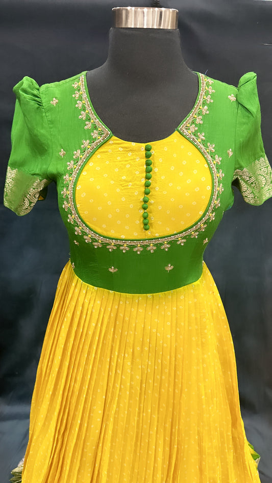 Beautiful Mysore Silk Bandhini Anarkali Long gown with dual shade organza duoatta . Avl in size 32/34/36