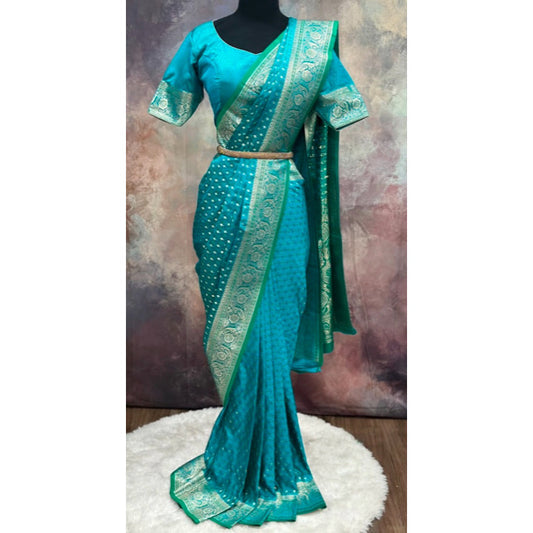 Festive vibes, elegant drapes! 💃💎 Banarasi silk sarees with blue and green dual shaded that make every moment magical in elegant colors. Sizes available 40-46.