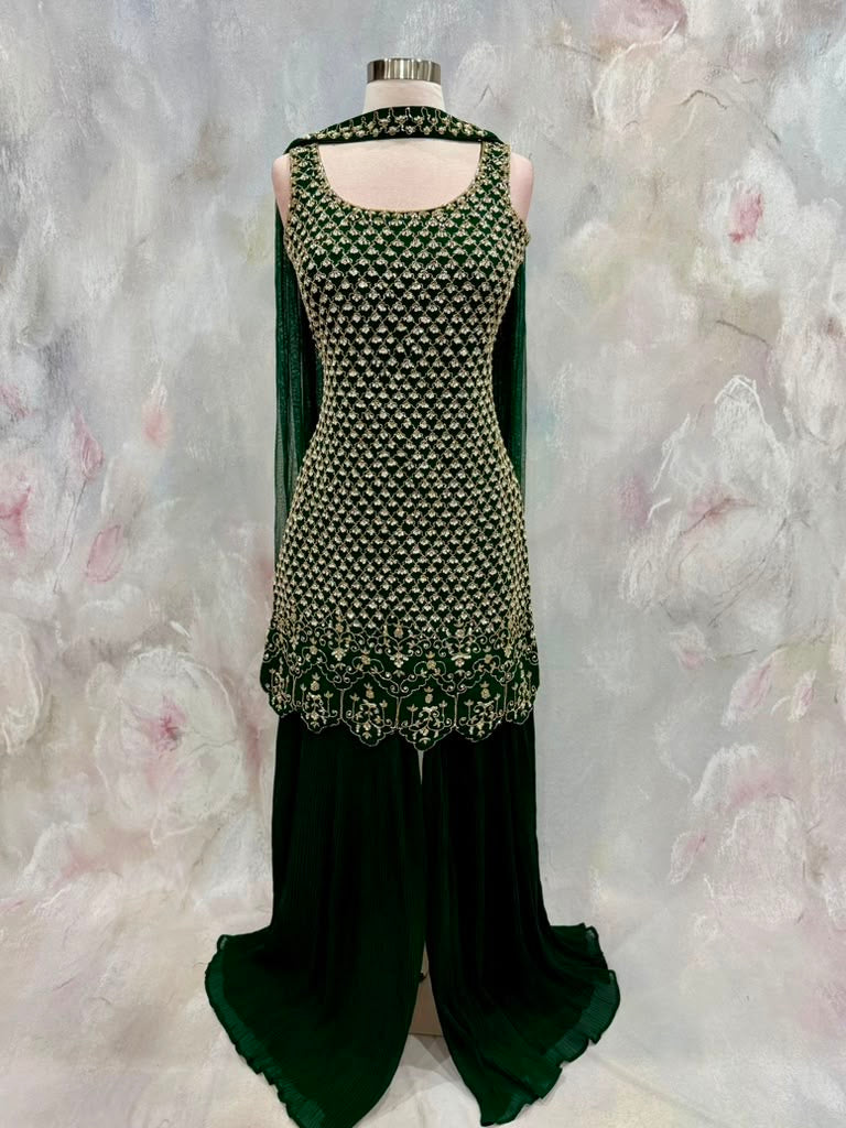 Green Georgette Partywear Sharara set with hand work with beads sequence and tube work Size 36/38 Partywear wedding Mehendi ready to ship US