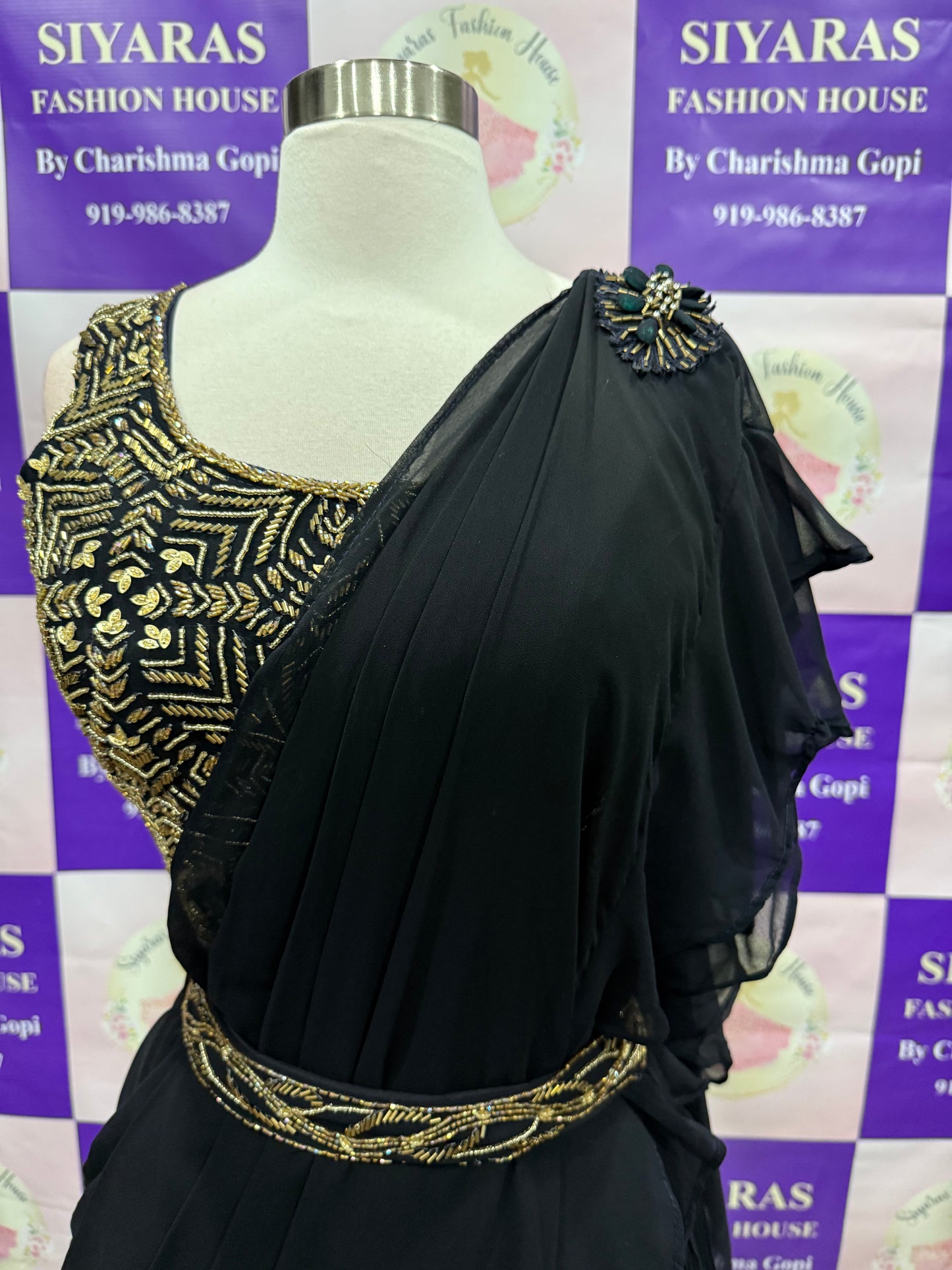 Beautiful Black Drape style part wear lehenga with work all over the blouse and come with the work hip belt. Available in size 36/38.