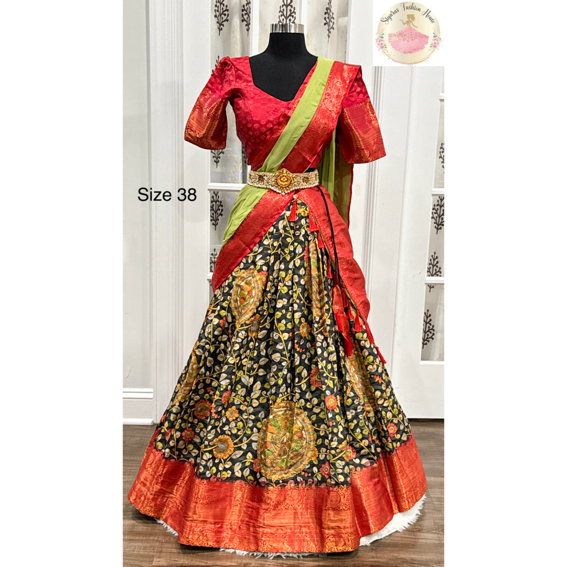 Beautiful Kalamkari Half Saree/ Langa Voni/ Lehanga for teens in Banarasi silk fabric