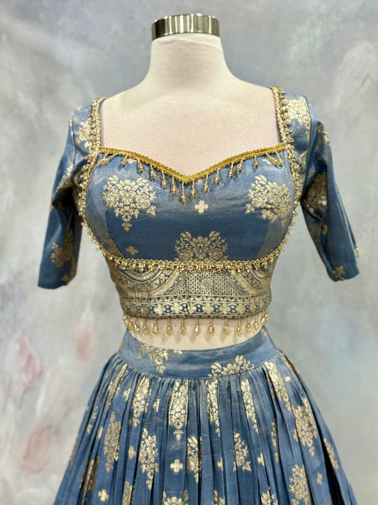 😍Steal the spotlight in this breathtaking blue wedding & partywear lehenga, adorned with intricate golden zari work. Timeless elegance crafted for your special moments😍. Fits size 40 to 42