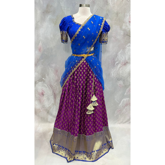 Beautiful Customized Banarasi silk half sarees in magenta purple and blue  hues Maggam work blouses and bead embellishments size 38 to 42