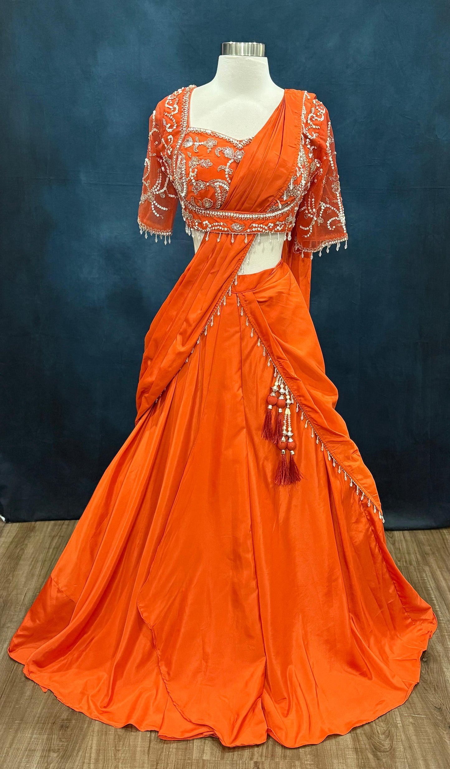 Beautiful Orange Lehenga with a drape perfect for any occasion 😍. Available in size 36/38. Alterations available.