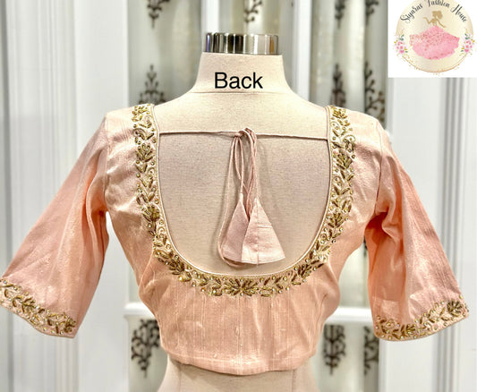 Pure Raw Silk Peach Pink Elegant Maggam work blouse hand work blouse for wedding reception and functions