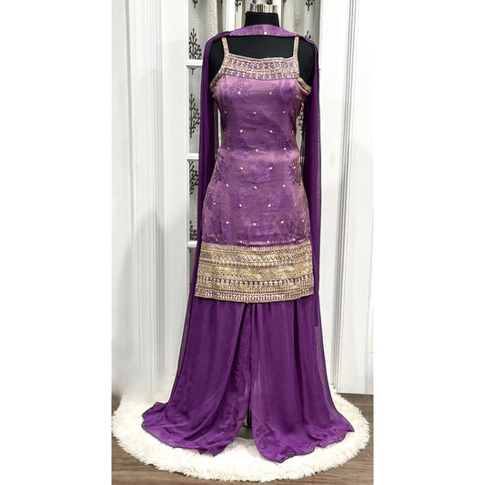 PURPLE BANARAS TISSUE SEQUINS, ZARI, MIRROR, STONE AND BEADS WORK PALAZZO SALWAR SUIT.Available in size 40