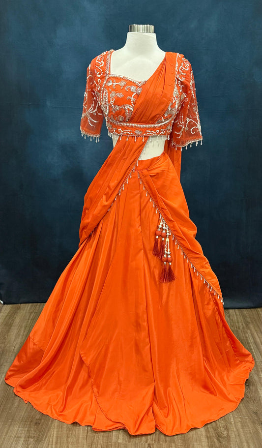 Beautiful Orange Lehenga with a drape perfect for any occasion 😍. Available in size 36/38. Alterations available.