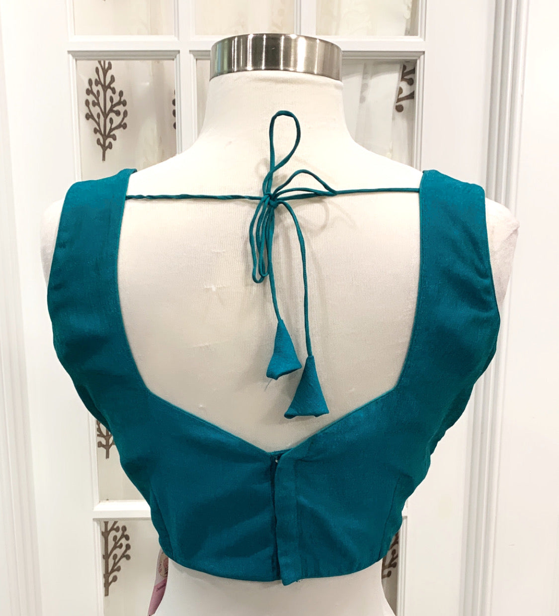 Beautiful cocktail Partywear teal blue Saree with stitched sleeveless blouse size 38