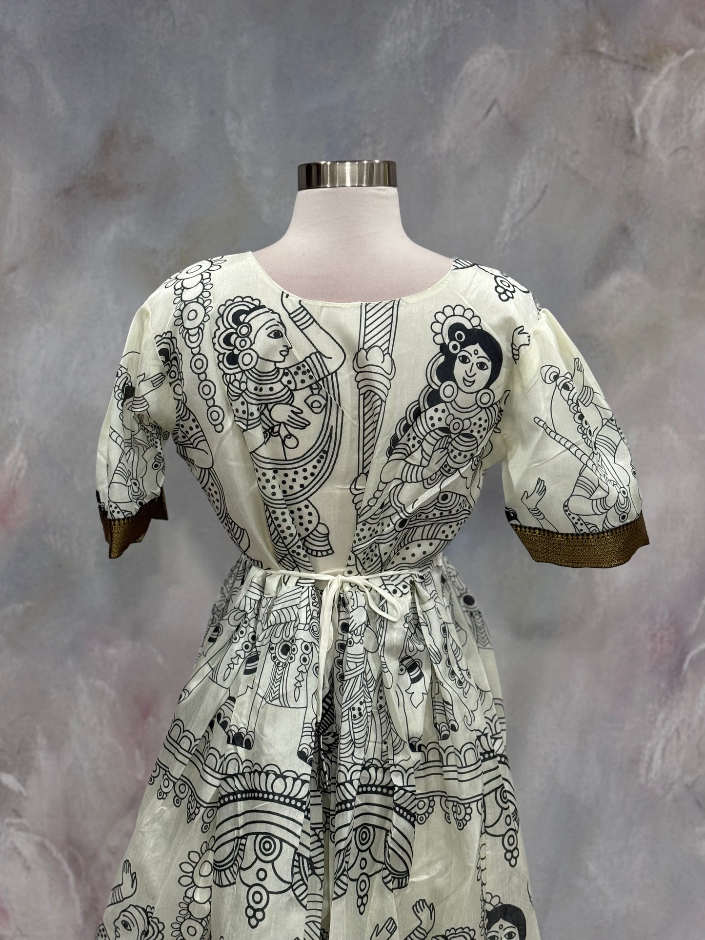 Elegant Kalamkari silk 3/4 gown with zari border size 38, length 47 in