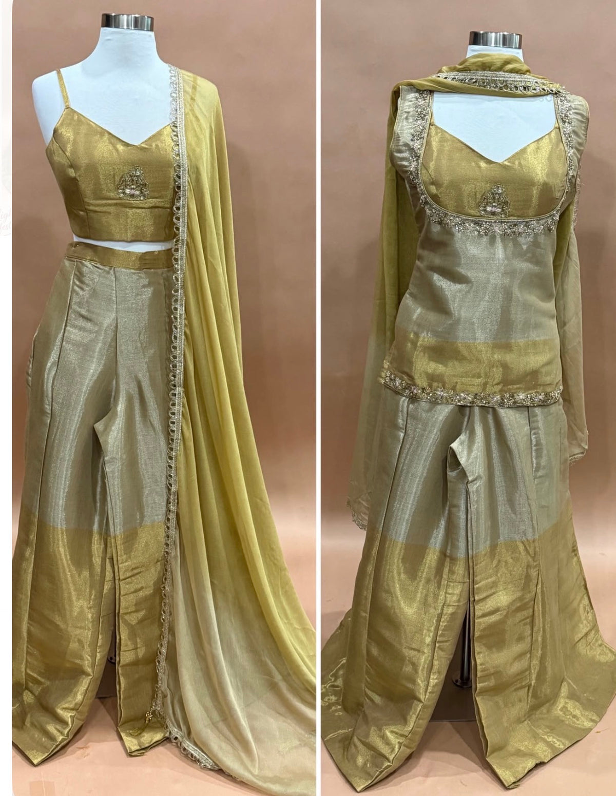 Golden hues, royal vibes & festive elegance! 💛👑
Shine brighter this Diwali in our gorgeous Champagne Gold Indowestern Palazzo Set adorned with intricate Cutdana & Zardozi embroidery. 🪔🌟
💫 Tradition meets modern glamour!
📏 Sizes 38 & 40