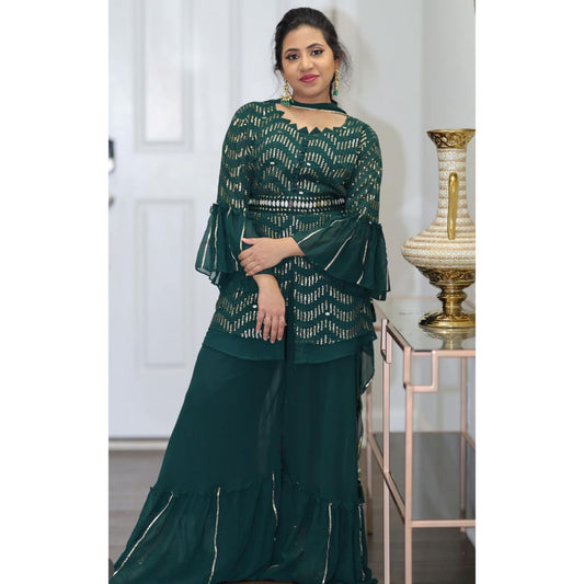 Beautiful Dark Green sharara with Mirror and sequence work in it includes 4 piece set. Fits size 40
