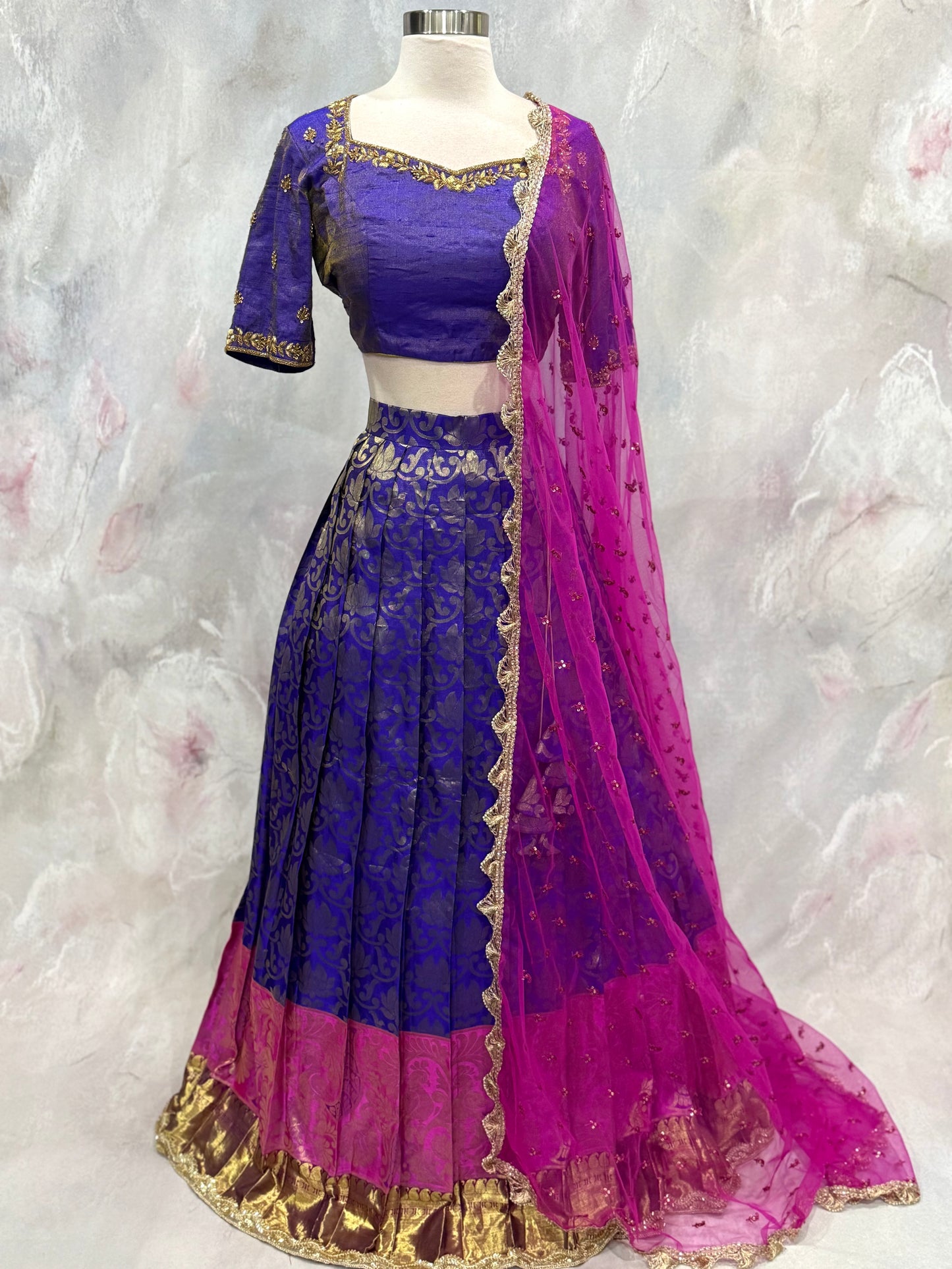 Elegant Kanchi Pattu Lehenga in a stunning royal blue & pink color combination, beautifully enhanced with intricate handcrafted Maggam embroidery. Perfect for weddings, receptions, festivals, and traditional celebrations. Size 38/40