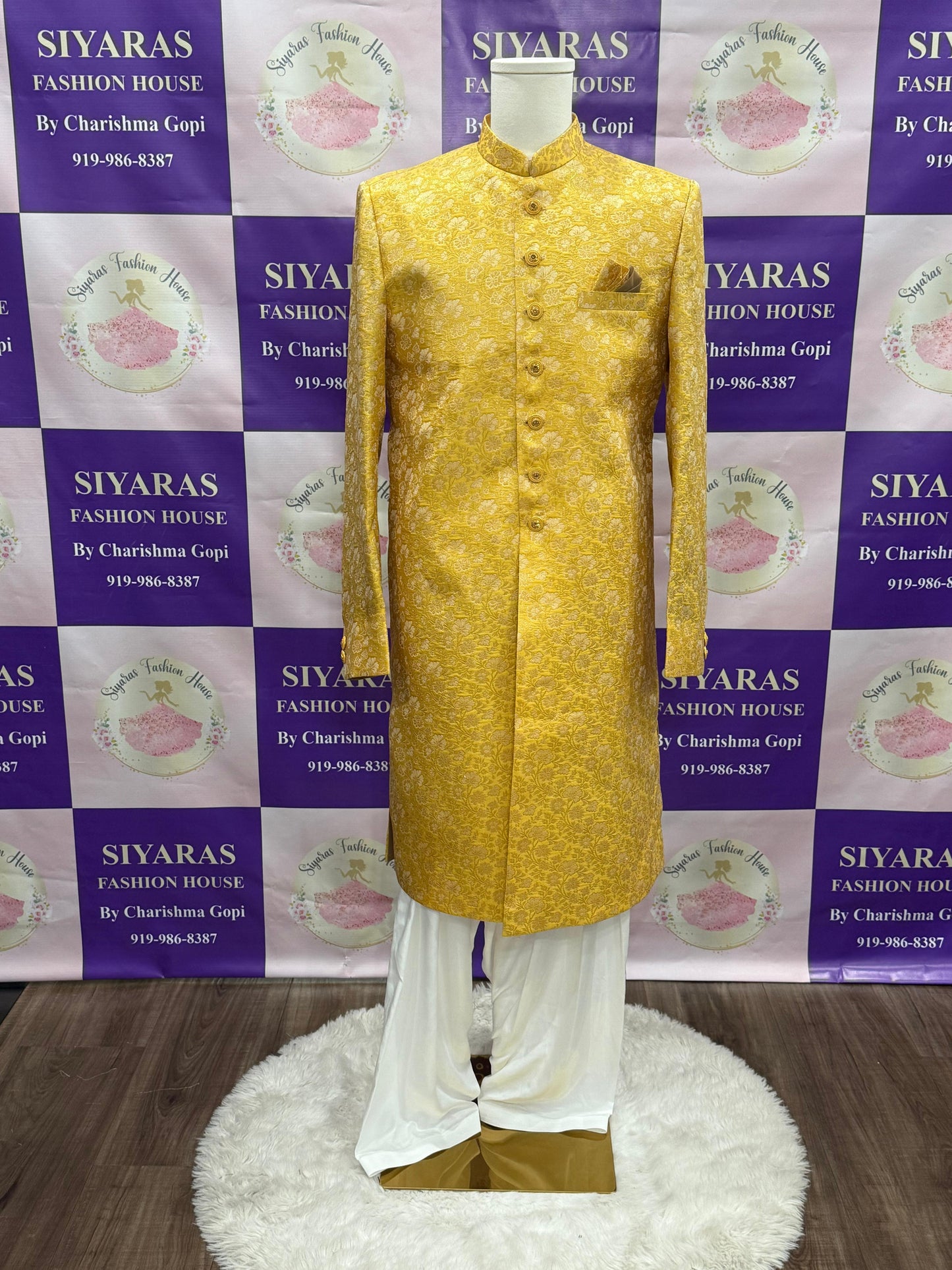 Elegant Men’s Sherwani customized outfit size 44 in banrasi brocade fabric with white pant for wedding, Reception , Sangeet Partywear dress