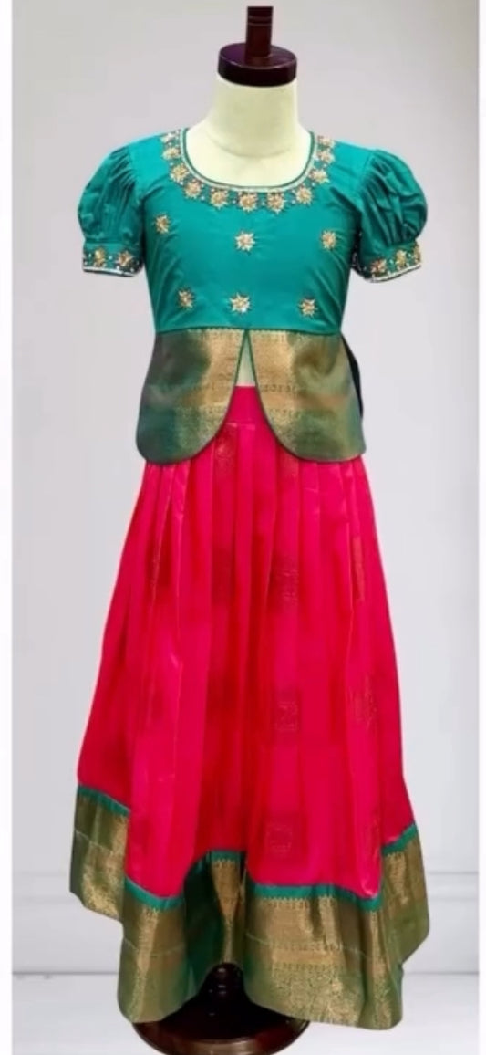 Beautiful girl kids 5 to 7 year old Traditional lehenga with work blouse. Chest size is 28 and skirt length is 29 and can be extended upto 32.